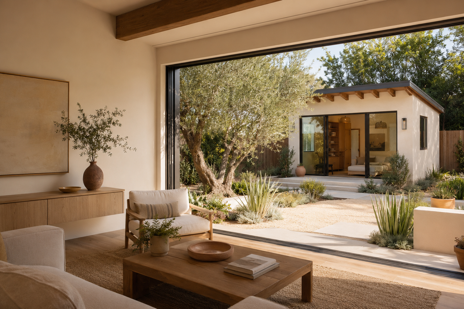 Warm Southern California living space opening to a landscaped courtyard and detached ADU
